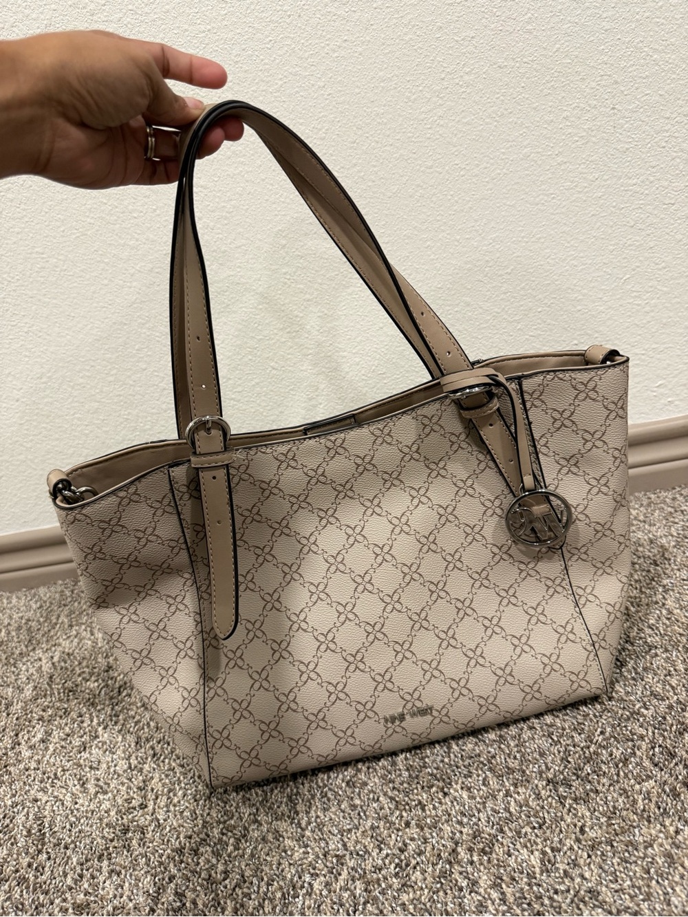 Nine West Beige Monogram Tote W/ Crossbody Strap